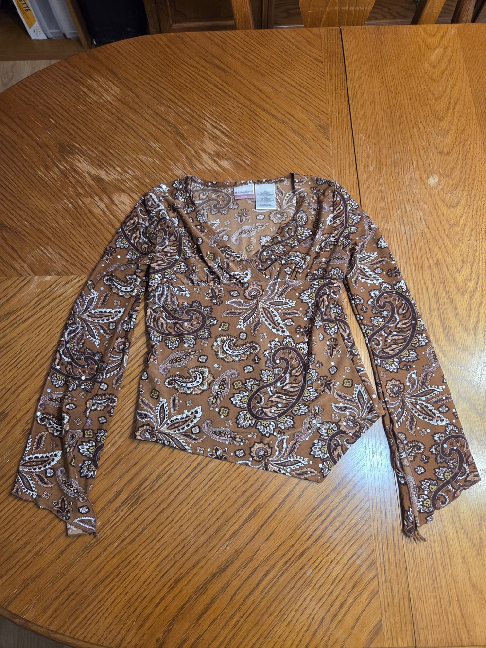 Brown Paisley Long-Sleeve V-Neck Girl's Top